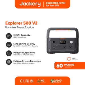 JACKERY | EXPLORER 500 V2 | 500W Output Power | 6000+ Cycle Life 70%