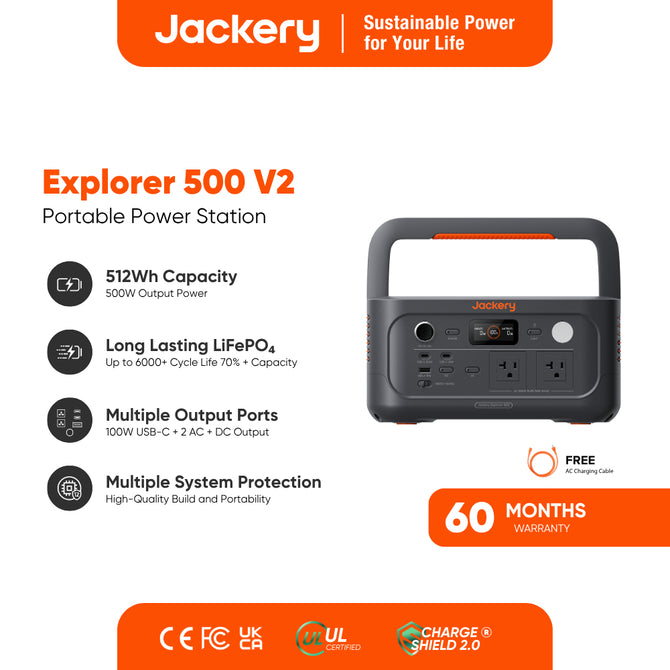 JACKERY | EXPLORER 500 V2 | 500W Output Power | 6000+ Cycle Life 70%