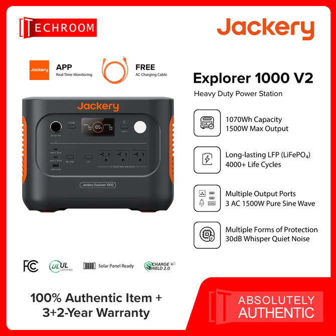 JACKERY Explorer 1000 V2 | LiFePO₄ | 4000 cycles | 220V ~ 60Hz | 30.4Ah / 35.2V DC (1070Wh)