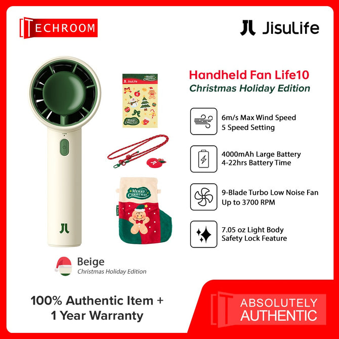 JISULIFE Life 10 Handheld Fan Christmas Edition | 4000mAh | 5-Speed Airflow | USB-C Rechargeable