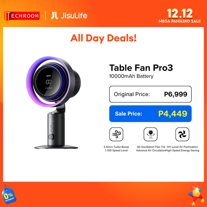 JISULIFE PRO 3 Table Fan 10000mAh | 37,000 RPM High-Speed Airflow | Portable Rechargeable Desk Fan