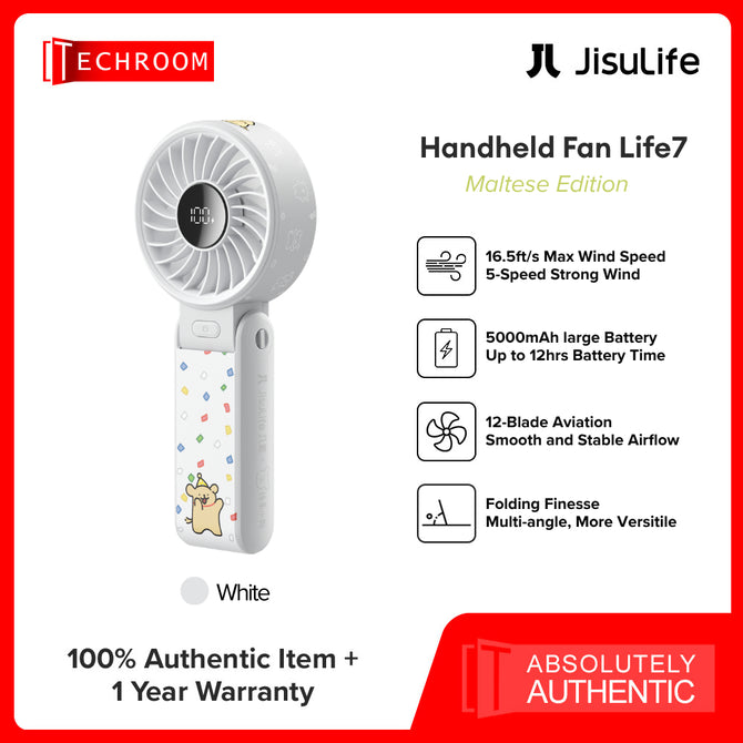 JISULIFE X MALTESE | Handheld Fan Life 7 | 5000mAh | 19.5 Battery Life | 5 Level Strong Wind