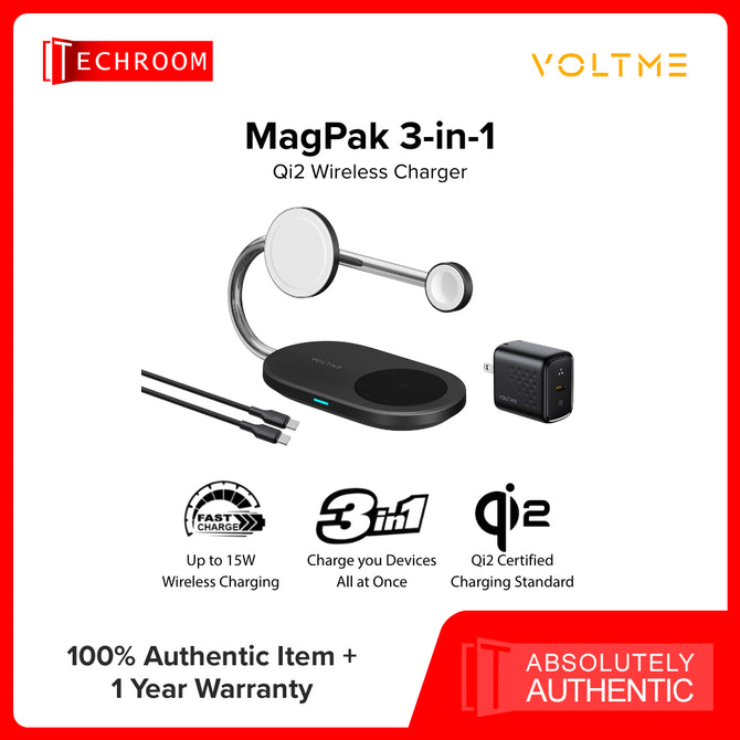 VOLTME 3-in-1 Magnetic Wireless Charger | 15W Fast Charge | w/ 40W GaN Adapter | Foldable & Compact