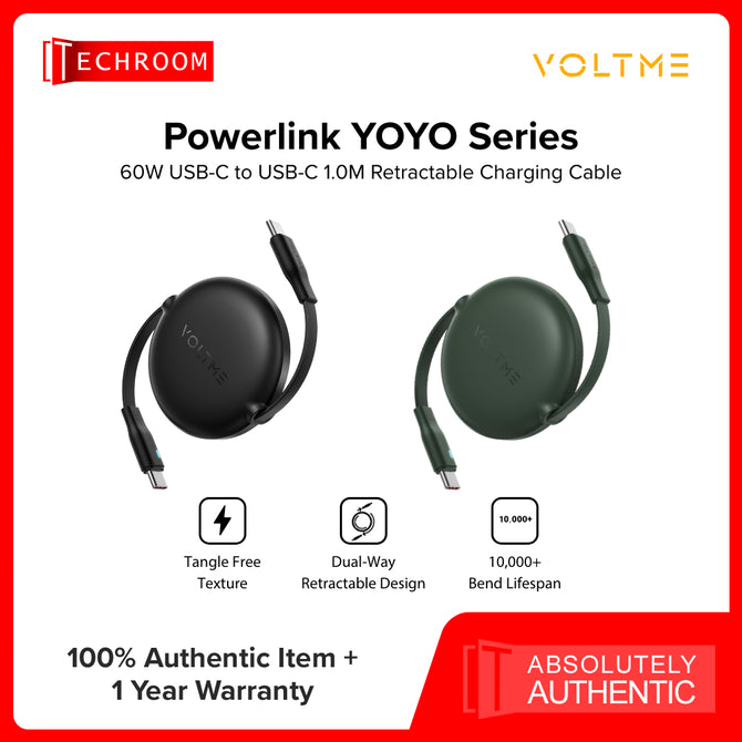 VOLTME POWERLINK YOYO SERIES | CTC Retractable USB-C Cable | 60W PD Fast Charging | 1M Length