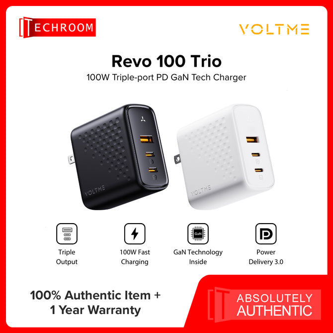 VOLTME REVO 100 | 100W GaN Fast Charger | Dual USB-C + USB-A | Laptop & Phone Charging | PPS & PD