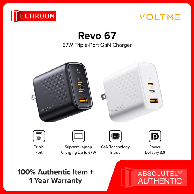 VOLTME REVO 67 | 67W GaN Fast Charger | Dual USB-C + USB-A | Triple Port Adapter | PPS/PD/QC Support