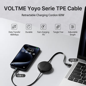 VOLTME POWERLINK YOYO SERIES | CTC Retractable USB-C Cable | 60W PD Fast Charging | 1M Length